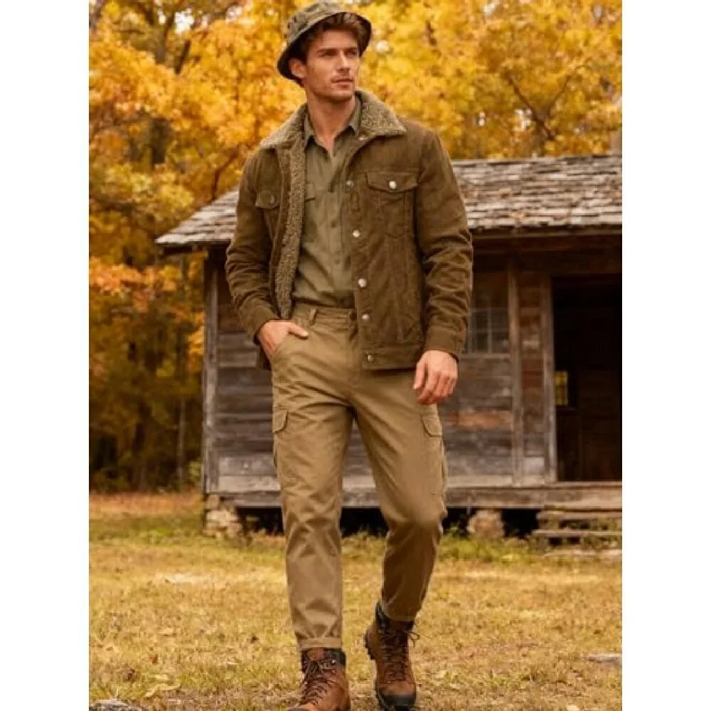 Men's Corduroy Sherpa Lined Trucker Jacket, Warm Winter Coat, Casual Work